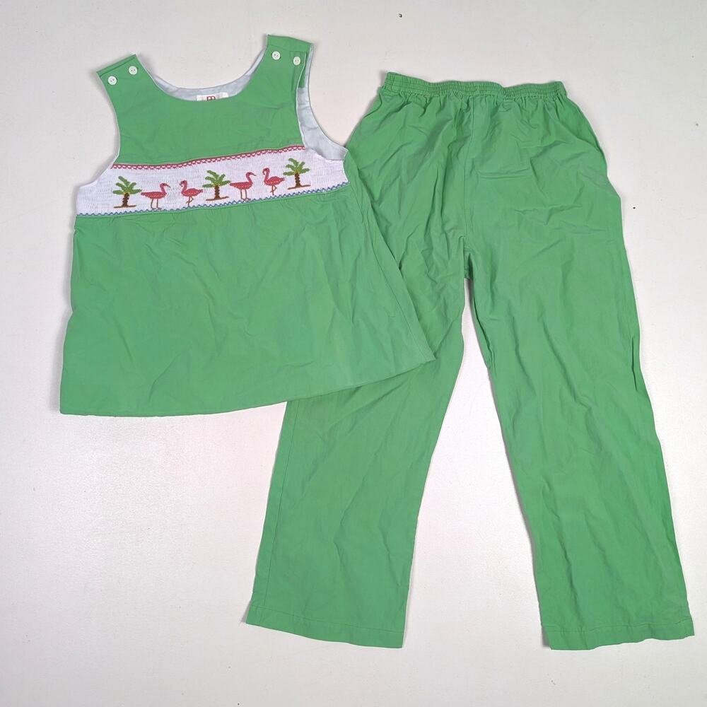Mom & Me Outfit Girls Sz 8 Green Flamingo Smocked Boutique Tank Top Tropical